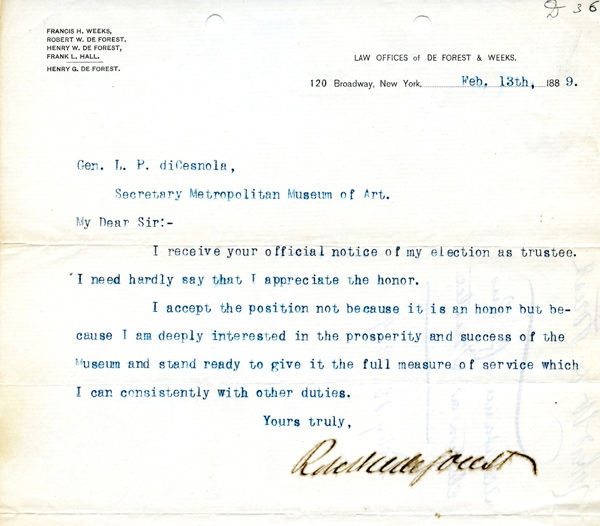 Letter from Robert W. de Forest to Luigi Palma di Cesnola, first director of The Metropolitan Museum of Art
