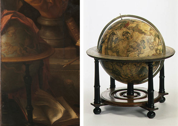 Composite of globe in work and one in the Museum's collection