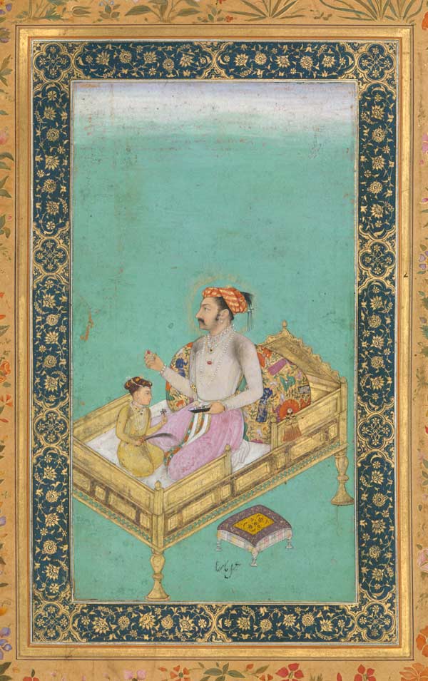 "The Emperor Shah Jahan with his Son Dara Shikoh", Folio from the Shah Jahan Album (detail). Painting by Nanha, calligrapher Mir 'Ali Haravi (d. ca.1550). Verso: ca. 1620; recto: ca. 1530–50. India.Ink, opaque watercolor, and gold on paper; H. 15 5/16 in. (38.9 cm) x W. 10 5/16 in. (26.2 cm). Purchase, Rogers Fund and The Kevorkian Foundation Gift, 1955 (55.121.10.36)