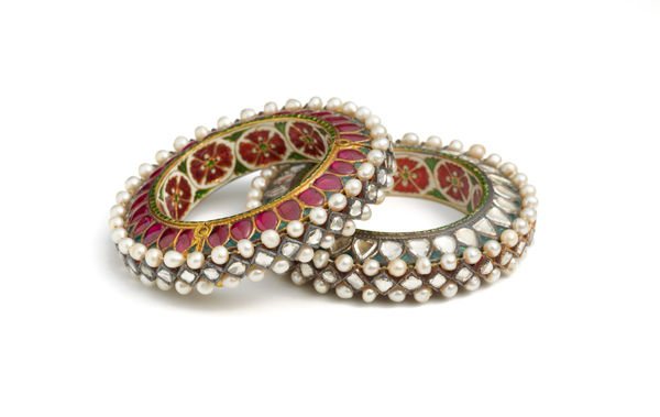 Pair of Bangles (kada), ca. 1775–1825. North India, Jaipur. Gold, set with rubies, diamonds, and pearls; enamel on interior; lac core; Diam. 2 7/8 in. (7.2 cm). The Al-Thani Collection