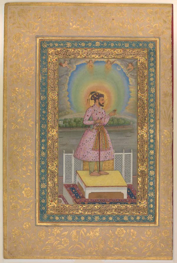 Shah Jahan on a Terrace, Holding a Pendant Set With His Portrait", Folio from the Shah Jahan Album. Painting by Chitarman (active ca. 1627–70). Recto: 1627–28; verso: ca. 1530–50. India. Ink opaque watercolor, and gold on paper; H. 15 5/16 in. (38.9 cm) W. 10 1/8 in. (25.7 cm). The Metropolitan Museum of Art, New York, Purchase, Rogers Fund and The Kevorkian Foundation Gift, 1955 (55.121.10.24)