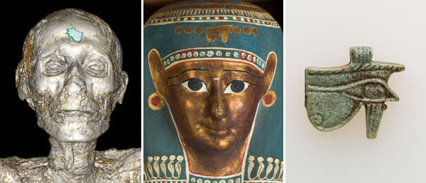 2014 volumetric rendering of Nesmin's head with wedjat eye amulet (left); photograph of mummy mask of Tasheriteniset (center); wedjat eye amulet from the Museum's collection (right)