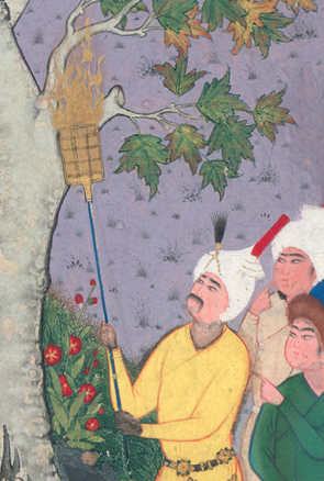 Detail from Barbad the Concealed Musician, showing a candle and cooking flame, and a lighted torch. Barbad the Concealed Musician, Folio 731r (detail). Attributed to Mirza 'Ali The Nasser D. Khalili Collection of Islamic Art (MSS 1030). 