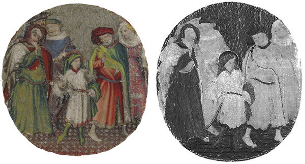 Fig. 4. Obverse of Saint Martin Announcing to His Parents That He Will Become a Christian (1975.1.1909) (left), and its radiography image (right)