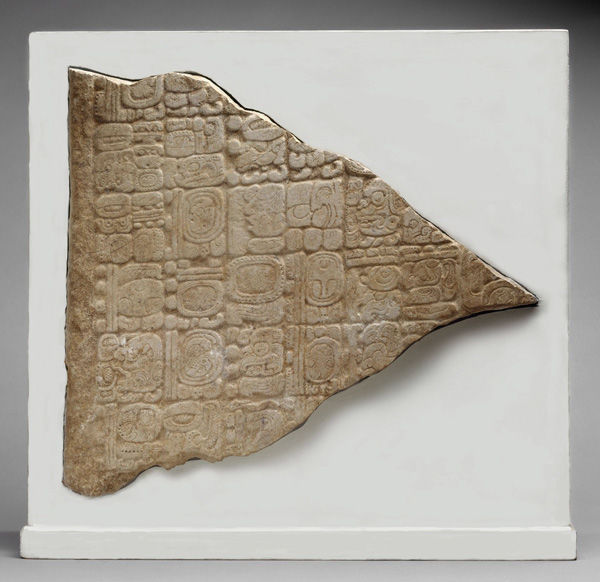 Fig. 1. Stela fragment with glyphs, A.D. 669. Mexico, Mesoamerica, Tabasco. Maya. Limestone; H. 21 1/4 in. (54 cm). The Metropolitan Museum of Art, New York, The Michael C. Rockefeller Memorial Collection, Gift of Nelson A. Rockefeller, 1963 (1978.412.75)