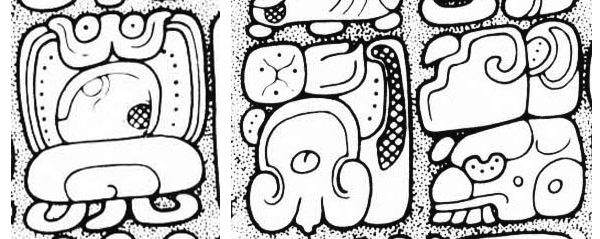 Left: Fig 4a. The "star war" hieroglyph. Right: Fig. 4b. "The blood was pooled, the skulls were piled up." Detail of drawing by Ian Graham
