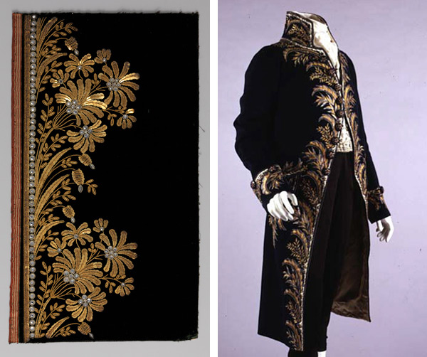 Left: Embroidery sample for a man's suit, 1800–1815. French. Metal thread, sequins, and glass on silk velvet. The Metropolitan Museum of Art, New York, Gift of The United Piece Dye Works, 1936 (36.90.19). Right: Coat, 1809. French. Wool, silk, metallic. The Metropolitan Museum of Art, New York, Gift of Miss Geraldine Shields and Dr. Ida Russell Shields, 1948 (C.I.48.14.3)