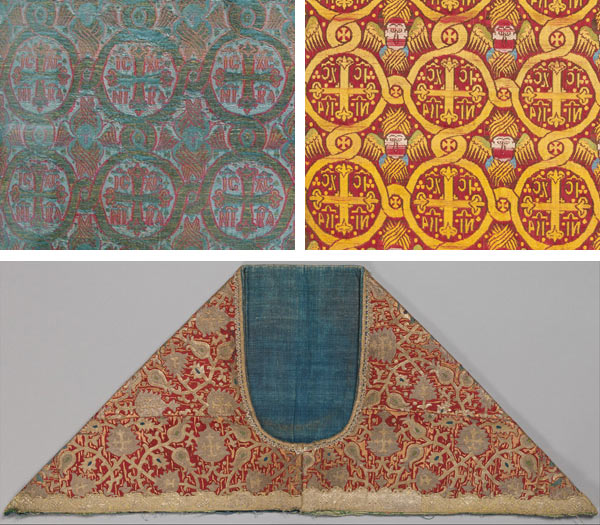 Top left: Silk textile with seraphim and crosses, 16th–17th century. Turkey, Istanbul or Bursa. Islamic. Silk and metal-wrapped threads; lampas weave; H. 21 1/8 in. (53.7 cm), W. 24 5/8 in. (62.5 cm). The Metropolitan Museum of Art, New York, Rogers Fund, 1917 (17.22.2a–d). Top right: Silk textile with seraphim and crosses, 17th century. Ottoman Empire. Silk, lampas weave (ground in satin, pattern in twill); 43 x 22 1/2 in. (109.2 x 57.2 cm). The Metropolitan Museum of Art, New York, Rogers Fund, 1908 (08.109.16). Bottom: Yoke of a chasuble (phelonion), 17th century. Russia. Silk; embroidered in silk and metal thread with (later) metallic trim; H. 13 1/4 in. (33.7 cm), W. 32 1/4 in. (81.9 cm), D. 2 in. (with insert). The Metropolitan Museum of Art, New York, Rogers Fund, 1917 (17.157)