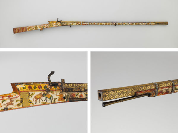 Matchlock gun (with two detail views), probably 18th century. Rajasthan, India. Steel, wood, gold, lacquer; 61 3/4 in. (156.9 cm). The Metropolitan Museum of Art, New York, Bequest of George C. Stone, 1935 (32.25.2153)