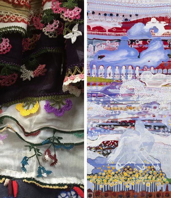 Left: Anatolian headscarves. Right: Peter Hristoff. Gift, 2001