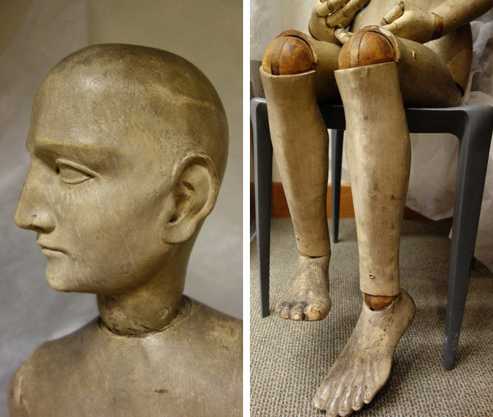 Two detail views of the mannequin, showing its head and legs