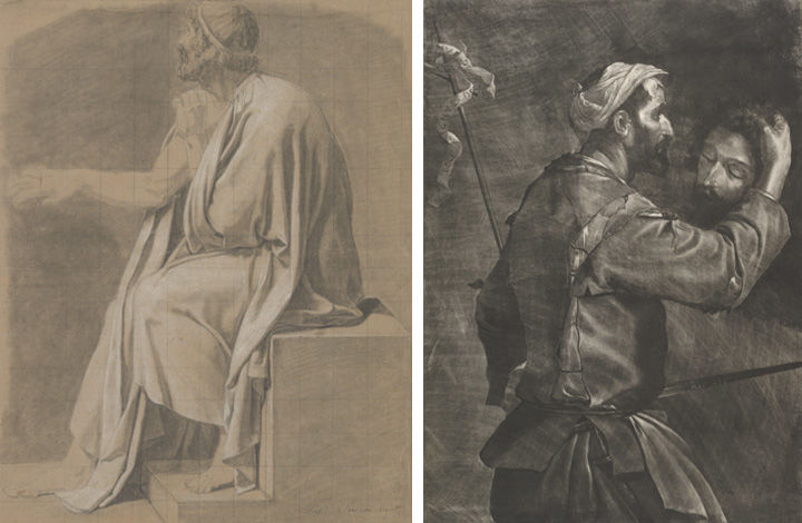 Left: black chalk drawing of Socrates by Jacques Louis David. Right: mezzotint print of an executioner holding the head of John the Baptist