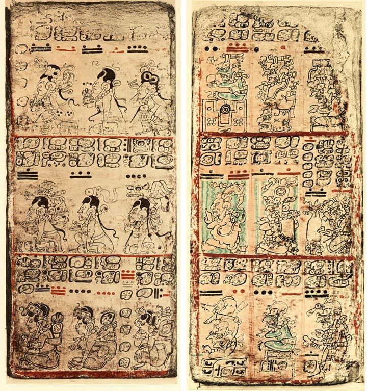 Two pages from the Dresden Codex, a 12th-century Maya illuminated book