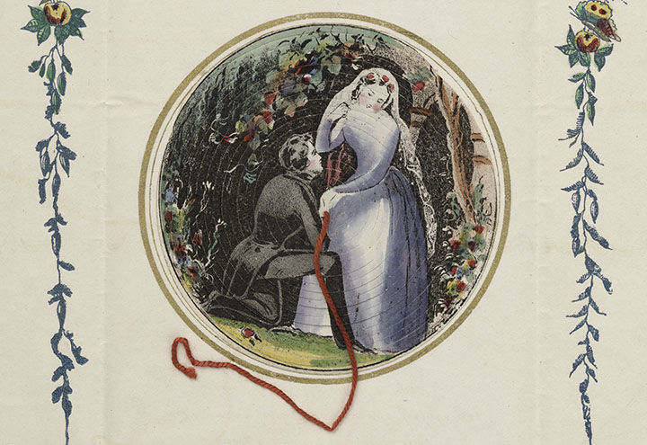 Mid-19th-century valentine showing a woman in a white gown talking with a man in formal dress