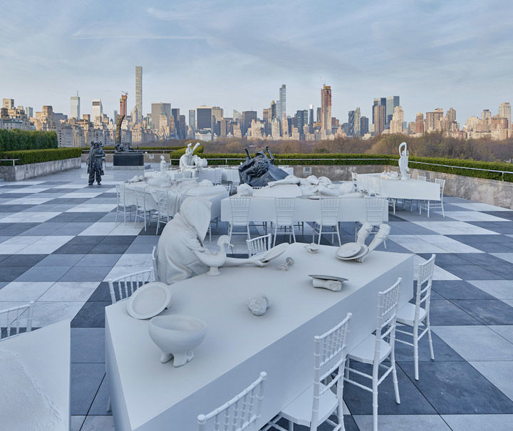 View of Adrian Villar Rojas's Theater of Disappearance on The Met's Cantor Roof Garden with the Manhattan skyline in the background