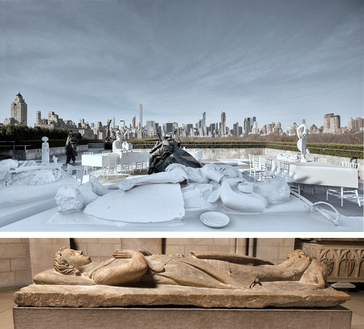 Top: View of Adrian Villar Rojas's Theater of Disappearance on The Met's Cantor Roof Garden. Bottom: View of a sculpture of a knight of the d'Aluye family installed at The Met Cloisters