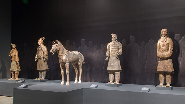 Installation view of terracotta warrior figures at The Met