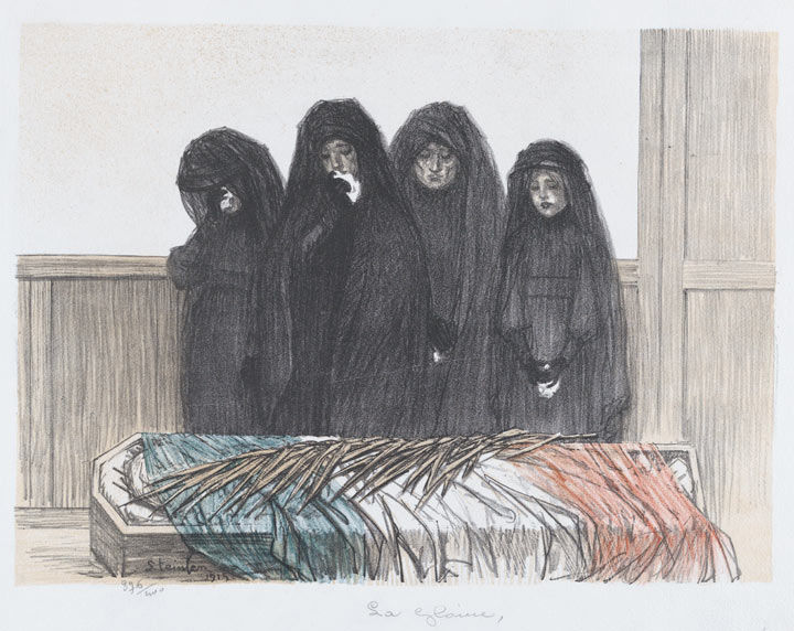 Théophile-Alexandre Steinlen lithograph of four women dressed in black standing over a coffin adorned with a French flag and a palm branch