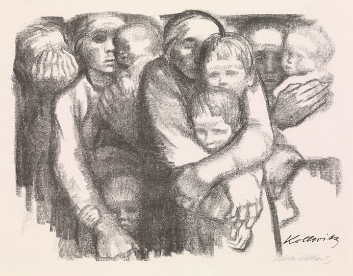 Käthe Kollwitz | Mothers, from War, 1919 | Lithograph depicting a group of panicked mothers embracing their grief-stricken children