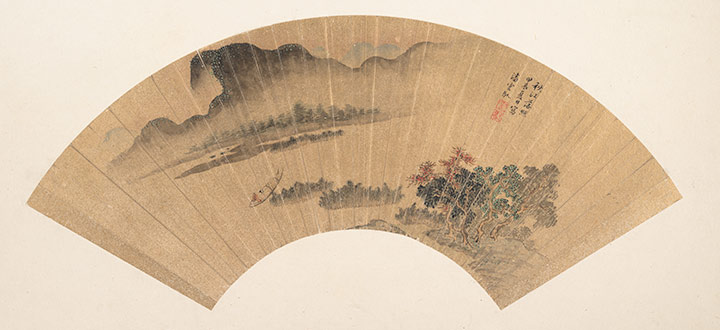 A Ming dynasty fan depicting a solitary scholar in an autumn landscape