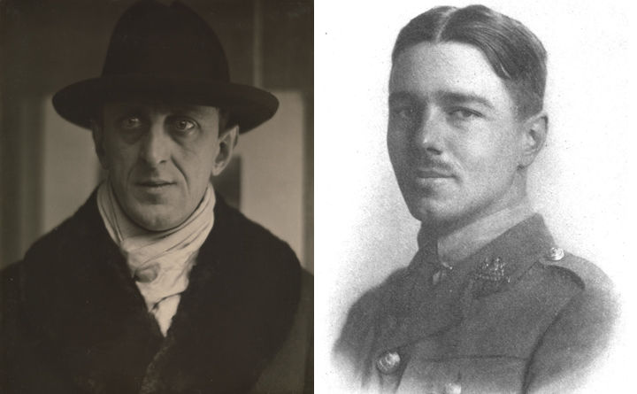 Left: Photo of Marsden Hartley in 1916 by Alfred Stieglitz; right: Photo of Wilfred Owen in soldier's uniform from 1916
