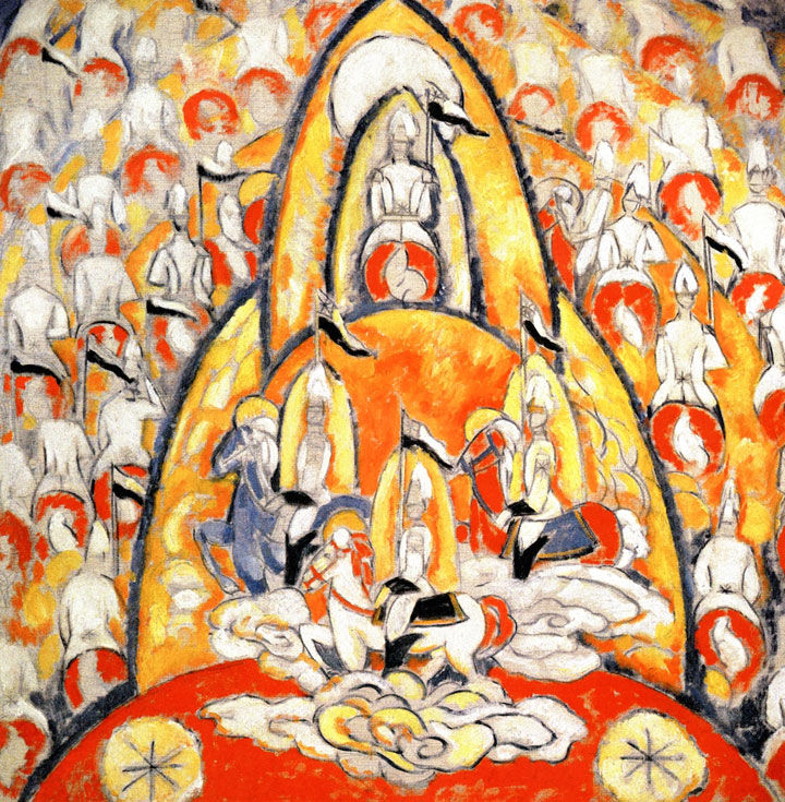 A brightly colored painting by Marsden Hartley, The Warriors, depicting a military parade of soldiers on white horses