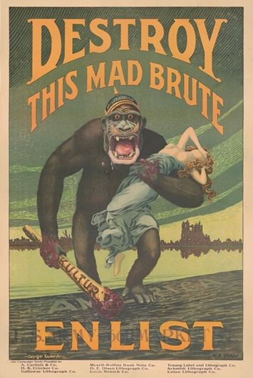 Destroy This Mad Brute: Enlist | Lithograph poster depicting an ape as a German soldier holding a woman hostage