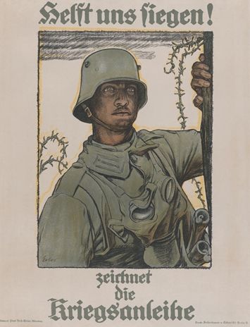 'Help Us Win! Buy War Bonds (Helft uns siegen! Zeichnet die Kriegsanleihe)' | A German soldier in uniform with a gas mask hanging from his neck