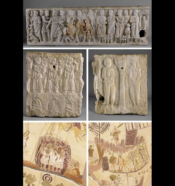 Scenes from marble sarcophagus compared to scenes from dome paintings: Three Hebrews in a fiery furnace and Adam and Eve