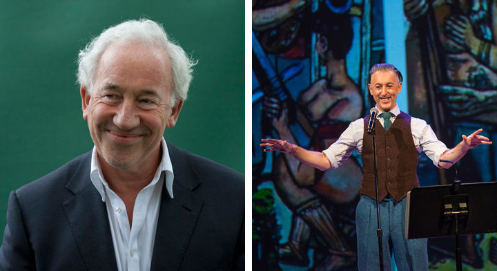 Head shot of Simon Callow (left) and image of Alan Cumming performing on stage (right)