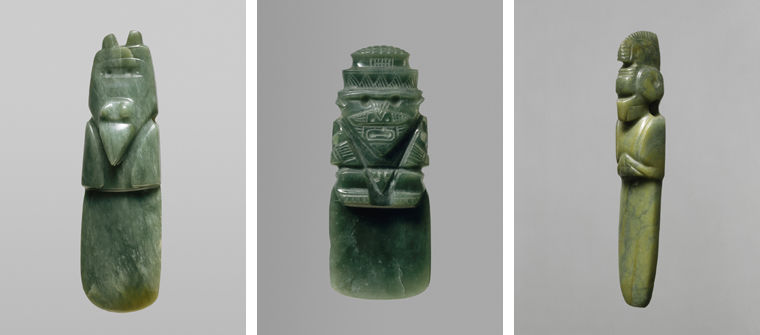 Images of three bird pendants from the ancient Americas, all of which are made of jadeite