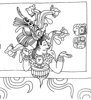 Black line drawing of a Maya queen