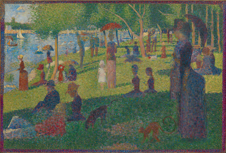 Oil painting by Georges Seurat, a study for his famous work "A Sunday on La Grande Jatte," in which he depicts a group of formally dressed Parisians gathered beside a body of water on a sunny day