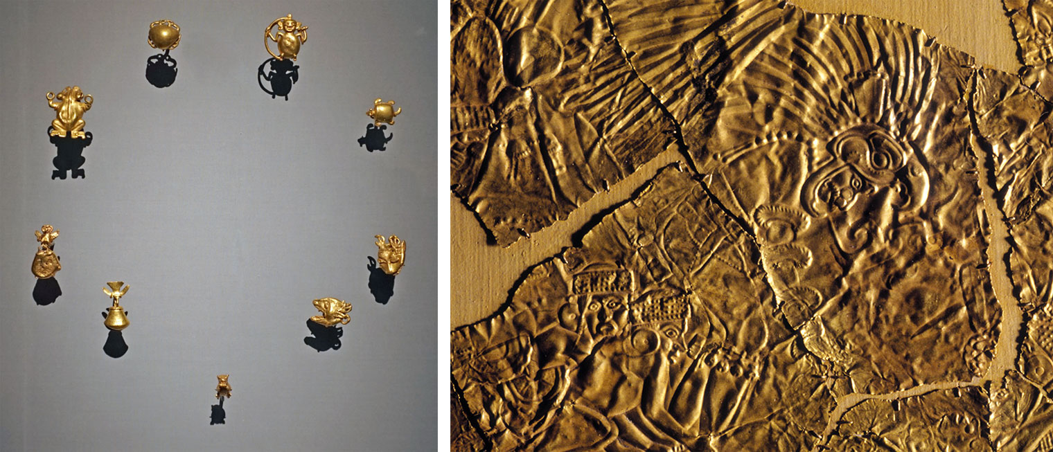 Left: Photo of a case of golden bells from Costa Rica or Panama. Right: Detail view of an ornamented disk recovered at the Sacred Cenote at Chichen Itza