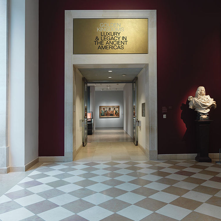 View of an empty gallery and the exit of the exhibition "Golden Kingdoms"