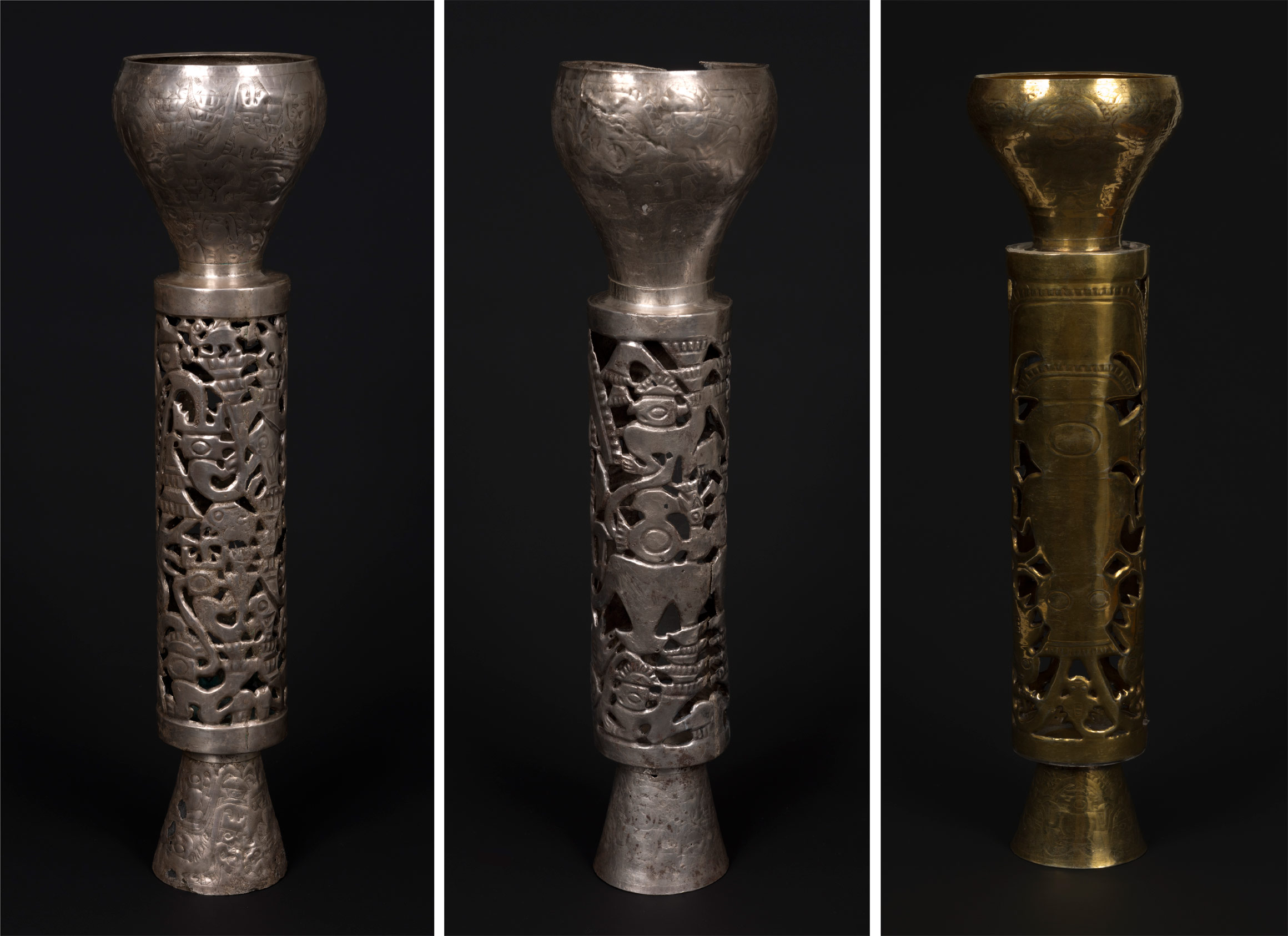 Three golden goblets from the ancient Americas with elaborate relief work
