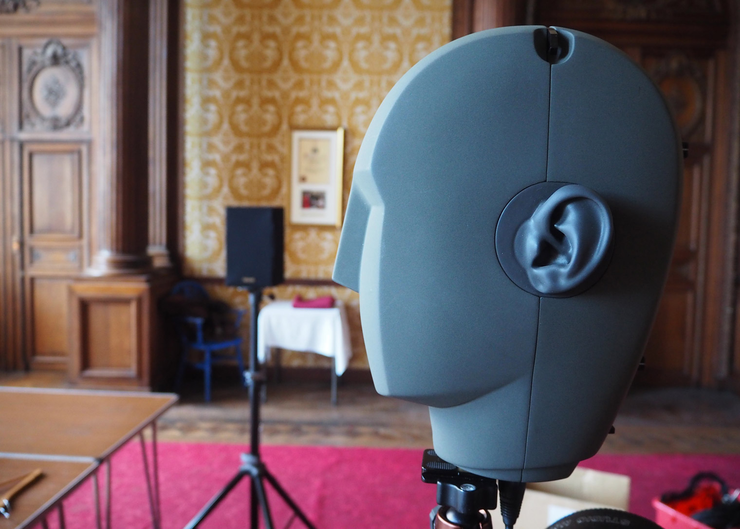 Sound captured in the two microphone "ears" of a binaural recording head mimics the 3-D experience we hear with our own ears. Photo by Nina Diamond
