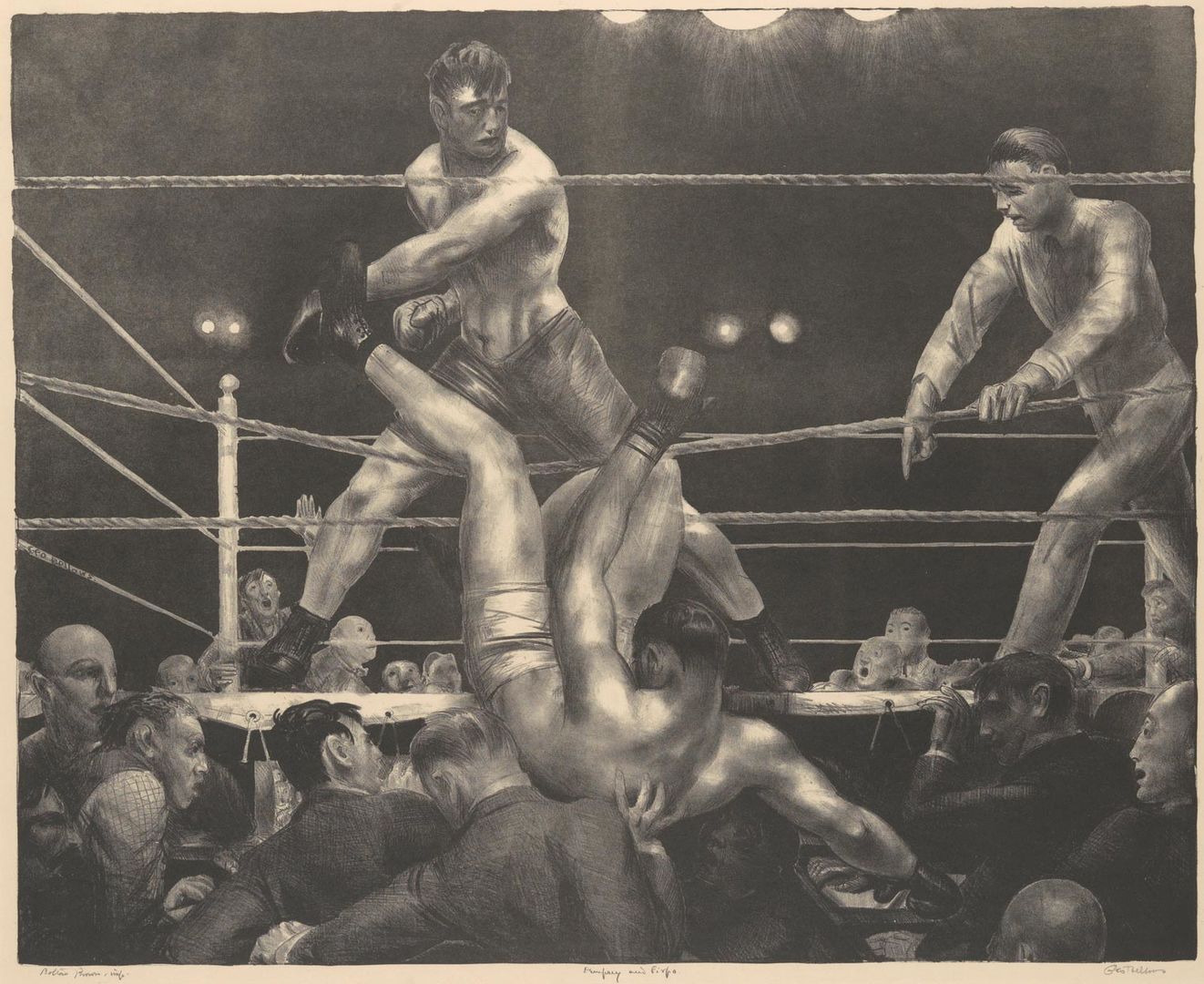 George Bellows lithograph from the 1920s depicting a boxing event in a ring with a crowd of spectators