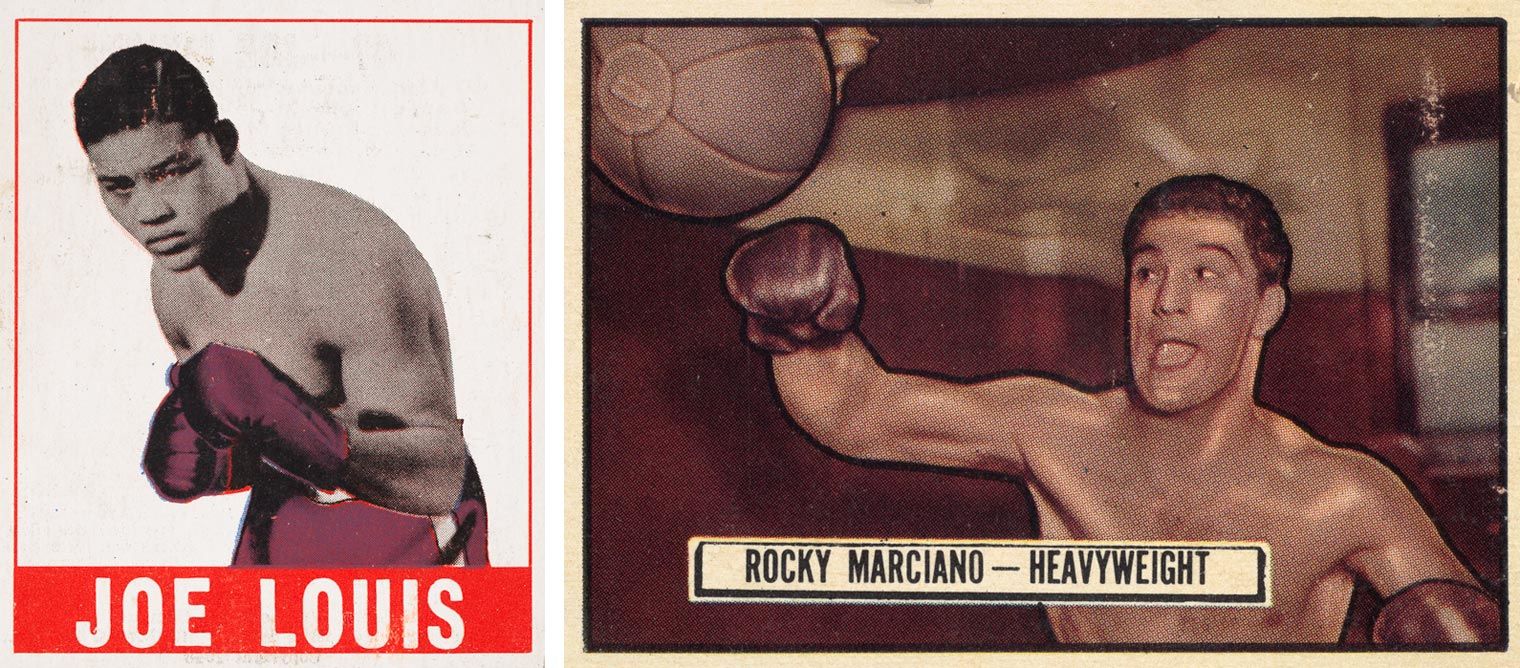 Two boxing cards from the mid-20th century, one depicting Joe Louis and the other Rocky Marciano