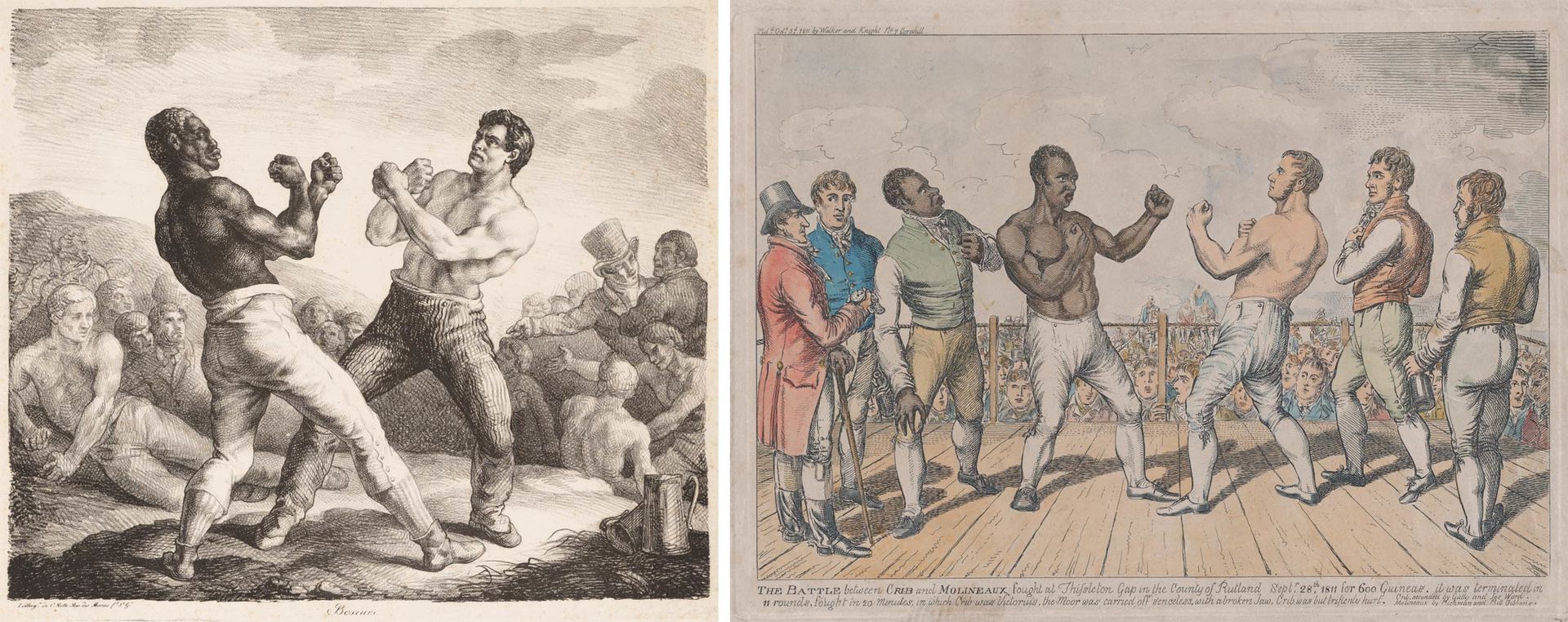 At left, a lithograph by Théodore Géricault from 1818 depicting two men boxing in front of a small group of onlookers; at right, an etching from 1811 depicting a boxing battle held on a pier