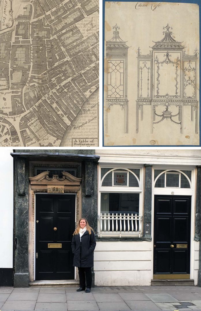Three images: a detail of a London map from 1755; a drawing for a middle-China case by Thomas Chippendale; the author stands in front of a St. Martin's Lane property in England where Chippendale's workshop used to stand