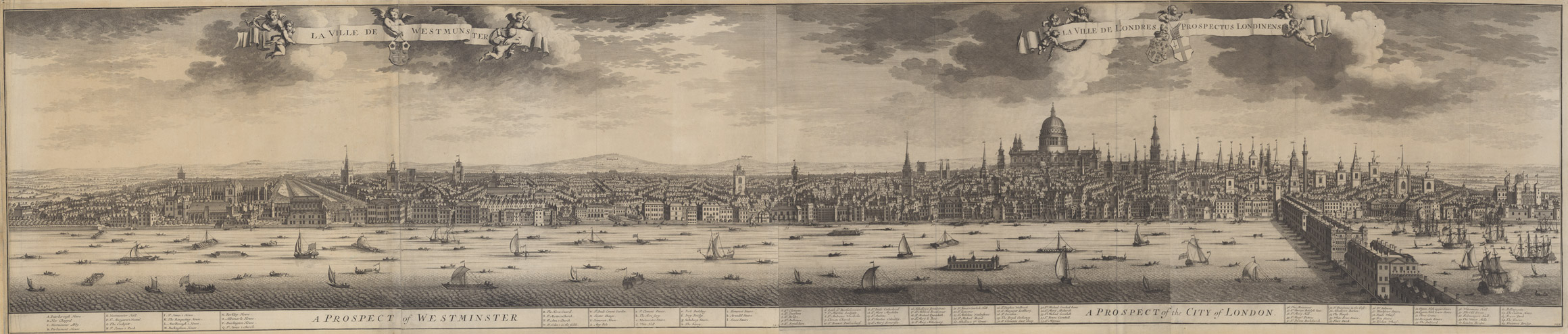 Engraving of a view of Westminster and London in the early 18th century