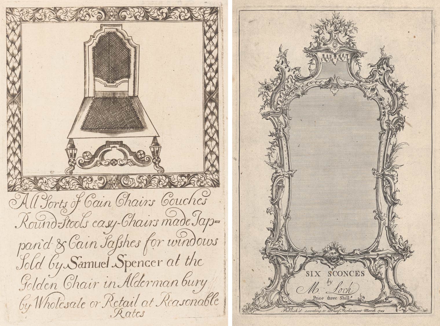 Promotional cards for 18th-century furniture makers Samuel Spencer (left) and Matthias Lock (right)