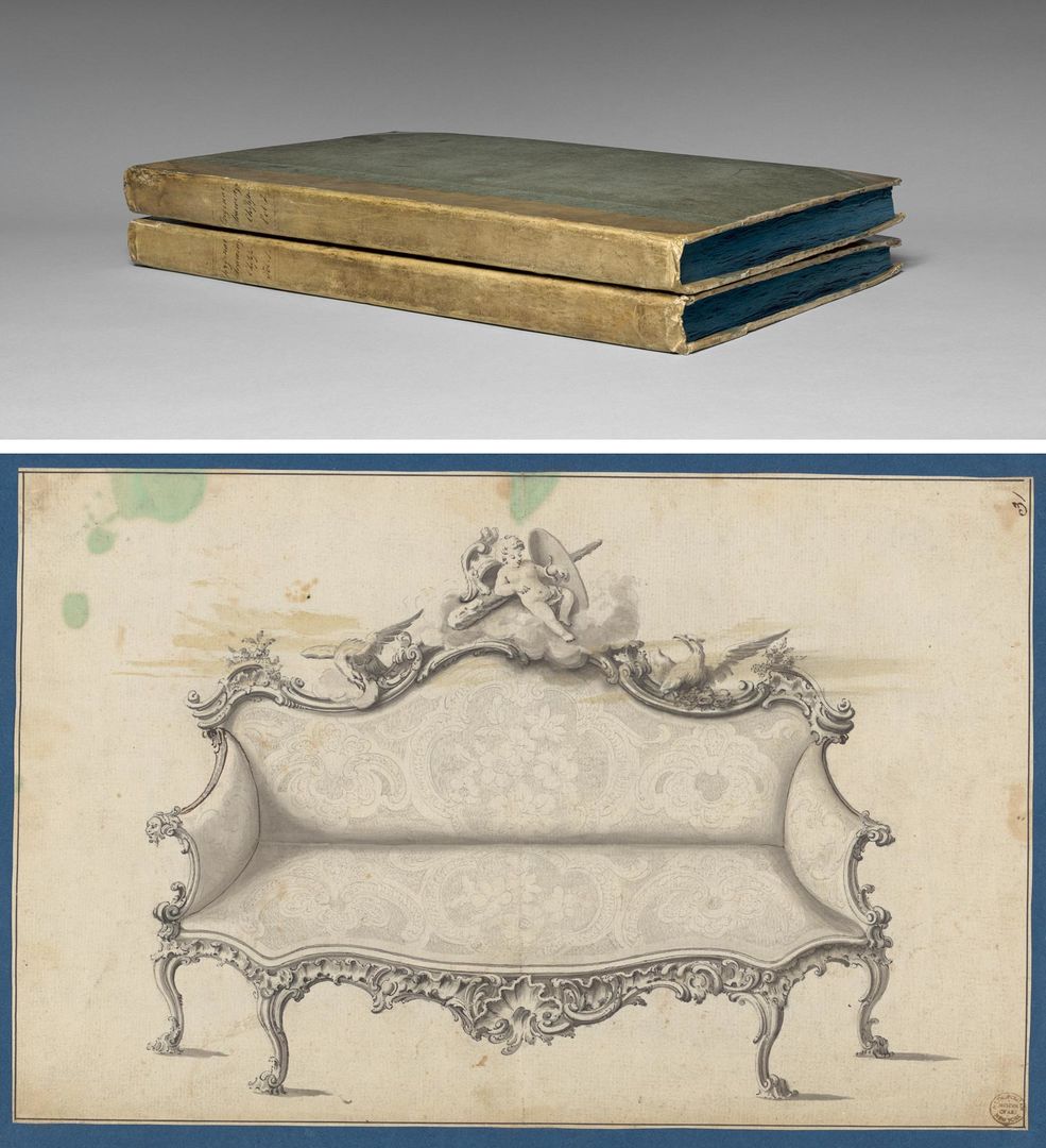 At top, photo of two bound albums of Thomas Chippendale drawings; at bottom, design drawing for a sofa by Thomas Chippendale