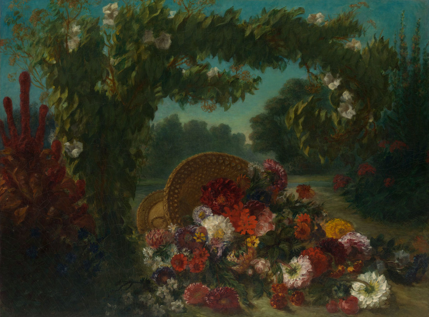 Delacroix painting of a basket of flowers set against a pastoral landscape