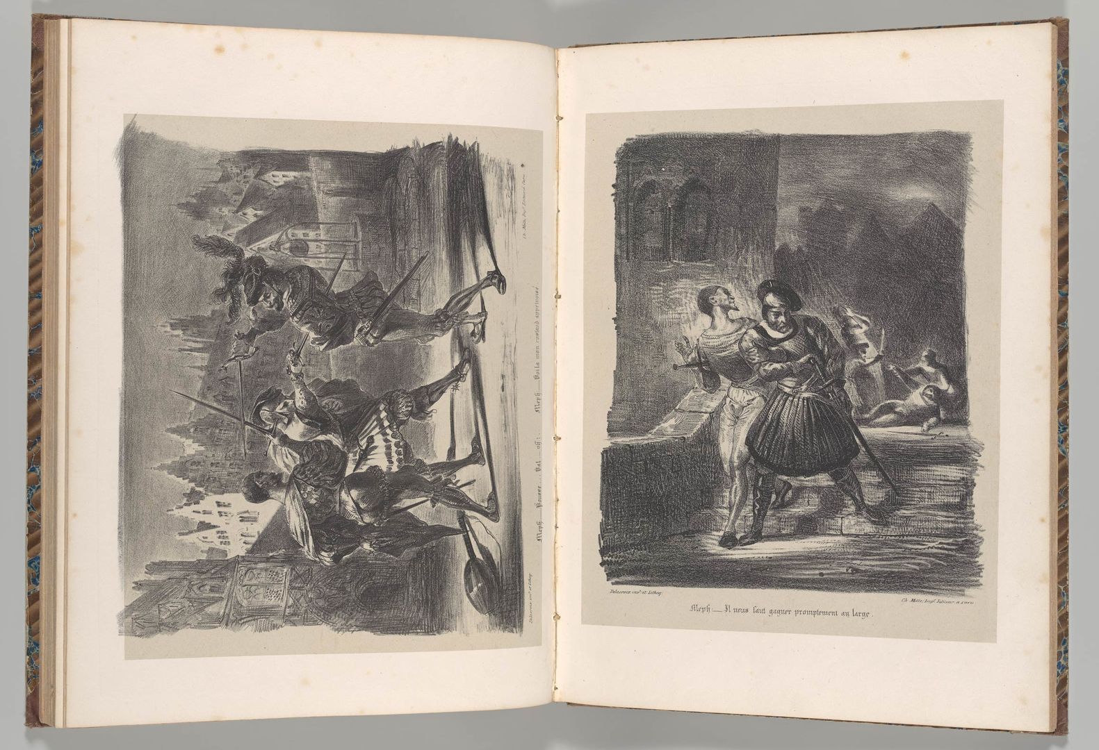 Two Delacroix lithographs of scenes from "Faust": at left, a duel between Faust and Valentine; at right, Mephistopheles and Faust fleeing after the duel