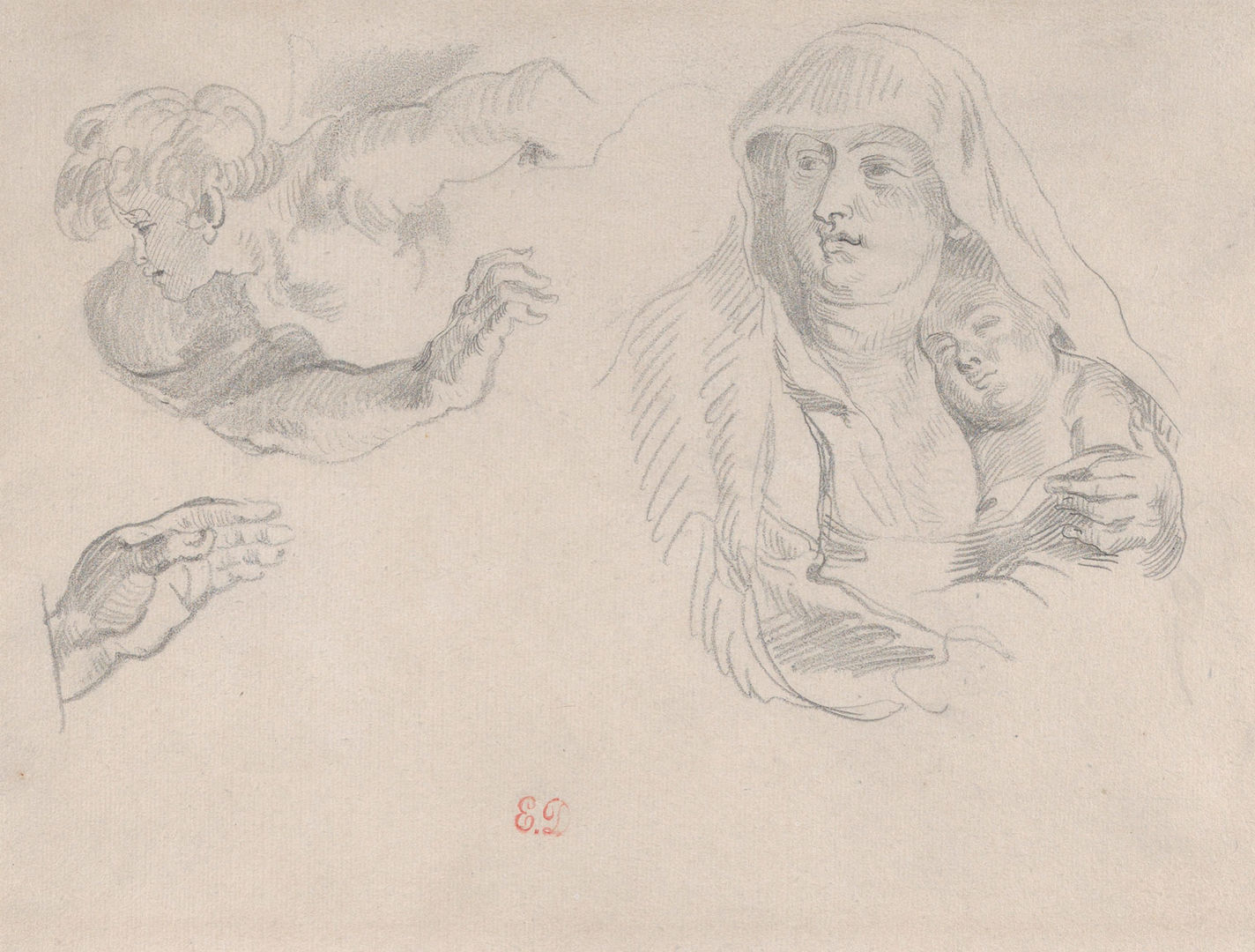 Delacroix sketches of a Rubens painting depicting the Flight into Egypt
