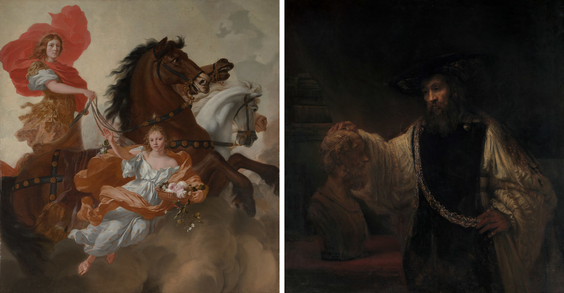 At left, a painting by Gerard de Lairesse depicting the gods Apollo and Aurora; at right, a meditative painting by Rembrandt of Artistotle contemplating a bust of Homer