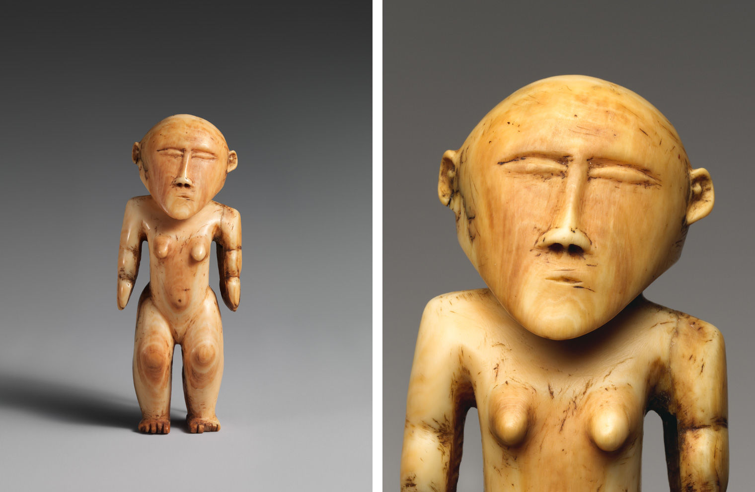 Two views of a Tongan female figure made of whale ivory
