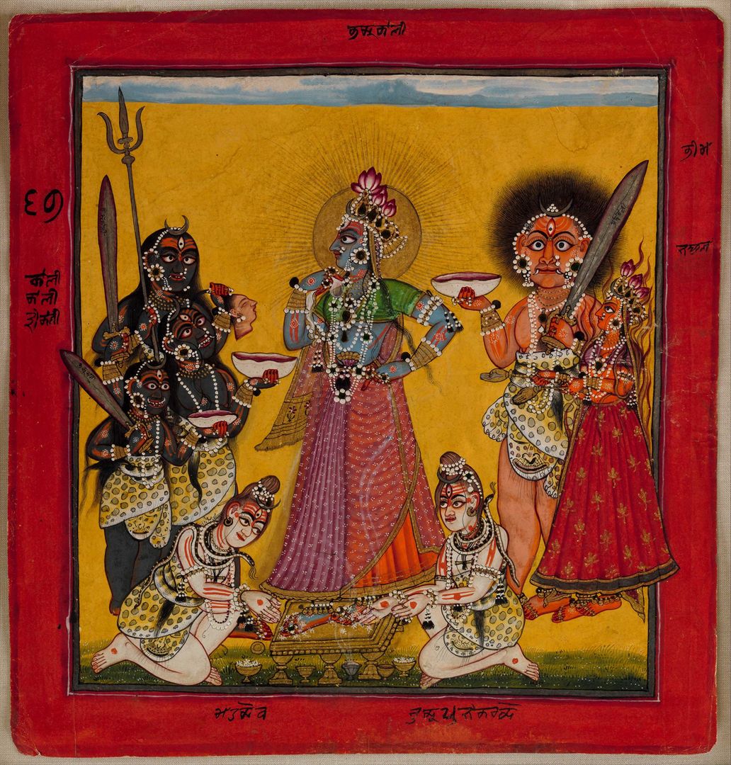 Blue goddess wearing a green choli and pink sari, lotuses in her hair, hand on her hip. Seven other divine figures gather nearby.